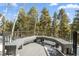 Exterior shot of an outdoor deck surrounded by tall pine trees and featuring built-in bench seating at 266 Lodgepole Dr, Evergreen, CO 80439