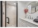 Bathroom featuring a glass shower, modern finishes, and a stylish vanity at 3500 W 55Th Ave, Denver, CO 80221