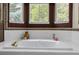 A luxurious bathtub with natural lighting and a stylish tile surround at 10856 Parker Vista Ln, Parker, CO 80138