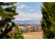 Exterior view through trees showcases a blue townhome with mountain views in the distance at 3661 S Perth Cir # 6-101, Aurora, CO 80013