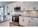 Stylish kitchen with white cabinets, stainless steel appliances, and marble backsplash at 13437 Starhawk Ln, Parker, CO 80134