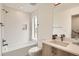 Bright bathroom featuring a bathtub/shower combo, and modern vanity and mirror at 115 W 2Nd Ave # 101, Denver, CO 80223