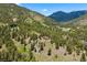 Areal view of a home nestled within a lush forest, complete with mountain views at 187 Marion Dr, Evergreen, CO 80439