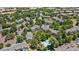 Wide aerial shot showcases residential homes, green spaces, and a refreshing community pool at 10567 Dartmouth, Lakewood, CO 80227