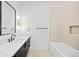 Modern bathroom featuring a black framed mirror, sleek vanity, and a tiled shower and tub at 4238 Zuni St, Denver, CO 80211