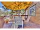 Inviting back deck with wood table and four chairs under a large yellow umbrella, perfect for outdoor dining at 11798 Ridge Rd, Golden, CO 80403