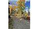 A gravel driveway features trees with turning fall foliage, a woodpile, and a concrete bench, capturing the cozy mountain home aesthetic at 11798 Ridge Rd, Golden, CO 80403