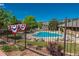 Community pool area with chairs and patriotic bunting on the fence, promising summer fun and relaxation at 6480 Silver Mesa Dr # B, Highlands Ranch, CO 80130