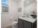 Stylish powder room featuring a gray vanity, modern fixtures, and a decorative orchid at 2127 Alcott Way, Broomfield, CO 80023