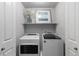 Bright laundry room features front load washer and dryer, built in shelving, and modern decor at 10204 Ridgegate Cir, Lone Tree, CO 80124