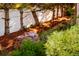 Landscaped backyard featuring mature trees, mulch, green foliage, and a decorative boulder at 3231 Oak St, Wheat Ridge, CO 80033