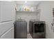 Functional laundry room with modern washer and dryer, shelving, and ample space for laundry tasks at 24432 E Tennessee Pl, Aurora, CO 80018