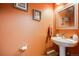 Cozy half-bathroom features a pedestal sink, warm lighting, and decorative wall art at 9674 Fox Den Dr, Littleton, CO 80125
