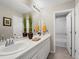 A well-lit bathroom with double sinks, a large mirror, decorative accents, and access to a separate shower area at 13041 Reata Ridge Dr, Parker, CO 80134