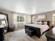Relaxing bedroom featuring a dark, upholstered bed frame, and natural light from a window and curtains at 13041 Reata Ridge Dr, Parker, CO 80134