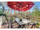 Outdoor deck featuring a table with umbrella, chairs, and wooded views at 25875 Buffalo Ln, Golden, CO 80401