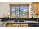 Kitchen featuring a window overlooking the backyard, granite countertops, and wood cabinetry at 25875 Buffalo Ln, Golden, CO 80401