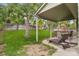 Outdoor living area featuring a covered patio and lush backyard with mature trees and lawn at 10535 Holyoke Dr, Parker, CO 80134