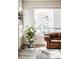 Comfortable living space featuring a brown leather sofa, large window, and stylish decorative plants at 1280 Galactic Pl, Castle Rock, CO 80108