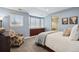 This bedroom is complete with large windows, shutter blinds, a bedside chair, and hardwood floors at 2500 S Clayton St, Denver, CO 80210
