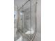 Modern glass shower with marble tiling, built-in niche, and sleek fixtures at 1366 Killington Ct, Evergreen, CO 80439