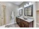 Tastefully designed bathroom featuring a walk-in shower, and double granite countertop bowl sink vanity at 31101 Black Eagle Dr # 202, Evergreen, CO 80439