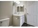 Bathroom with white vanity and toilet with neutral wall color at 16069 E Elk Dr, Denver, CO 80239