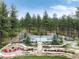 Beautiful backyard including basketball court, fire pit with chairs, lush landscaping, and towering trees at 44 N Big Meadow Trl, Franktown, CO 80116