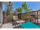Cozy balcony with comfortable outdoor seating surrounded by mature trees and lush greenery at 1250 S Vine St, Denver, CO 80210