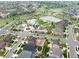 An aerial view capturing the community layout with beautiful landscaping, a pool, clubhouse and winding roadways at 565 Pikes View Dr, Erie, CO 80516