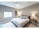 A well-lit bedroom featuring a queen-sized bed, soft carpet, modern lighting, and a neutral color palette for a tranquil setting at 565 Pikes View Dr, Erie, CO 80516
