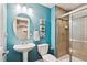 Updated bathroom with stand up shower, modern vanity, and stylish fixtures with blue accent wall at 2321 Alton St, Denver, CO 80238