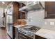 Chef's kitchen with professional-grade gas range, stainless steel hood, and stone backsplash at 1803 Avenida Del Sol, Castle Rock, CO 80104