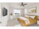 Sunlit bedroom with a large window, neutral walls and carpet, and king bed with mustard bedding, creating a peaceful retreat at 3231 Riverwood Way, Castle Rock, CO 80109