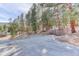 Long driveway leading to a home surrounded by pine trees, a basketball hoop, and a wood pile at 205 Yankee Creek Trl, Evergreen, CO 80439