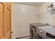 Laundry room features side-by-side washer and dryer, a shelf and a freshly painted white wall at 205 Yankee Creek Trl, Evergreen, CO 80439