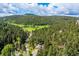 Scenic aerial shot of a home surrounded by dense forest, mountains and a green valley at 7284 Willa Ln, Evergreen, CO 80439
