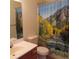 Well-lit bathroom featuring a stylish shower curtain, modern vanity, and standard toilet at 473 N Banner St # C, Elizabeth, CO 80107