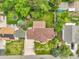 An aerial view of the property showcasing the well manicured lawns, brick home, gazebo, water feature and neighborhood at 1160 Johnson St, Lakewood, CO 80215