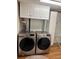 Convenient laundry area with modern washer and dryer units and white cabinets at 8757 W 75Th Way, Arvada, CO 80005