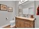 Charming powder room with decorative vanity, framed art, and neutral wall color at 4822 Pathfinder Ct, Castle Rock, CO 80108