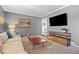 Cozy living room with gray walls, carpeted floors, large flatscreen tv and abundant natural light at 5081 S Emporia St, Greenwood Village, CO 80111