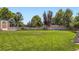 Expansive backyard featuring a well-kept lawn, shed, and lush landscaping at 9264 Fox Fire Ln, Highlands Ranch, CO 80129