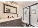 Modern bathroom with sleek vanity, tiled shower, and stylish lighting at 9264 Fox Fire Ln, Highlands Ranch, CO 80129