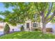 Charming two-story home with a well-manicured lawn and mature tree providing shade, enhancing curb appeal at 9264 Fox Fire Ln, Highlands Ranch, CO 80129