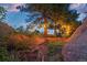 Atmospheric shot of the pathway on the grounds, lit by string lights and surrounded by natural rocks and foliage at 6619 Apache Pl, Larkspur, CO 80118