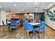 Inviting dining area with modern decor, including blue upholstered chairs, white tables, and a serene atmosphere at 460 S Marion Pkwy # 453, Denver, CO 80209