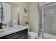 Well-appointed bathroom featuring modern fixtures, a sleek vanity, and a walk-in shower at 9772 Taylor River Cir, Littleton, CO 80125