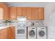 Functional kitchen area featuring light cabinets, appliances, and a laundry area, great for convenience at 1005 S Miller Way, Lakewood, CO 80226