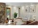 Bright living room boasts a brick fireplace, neutral walls, modern furniture, and natural light from the beautiful window at 5812 Irish Pat Murphy Dr, Parker, CO 80134